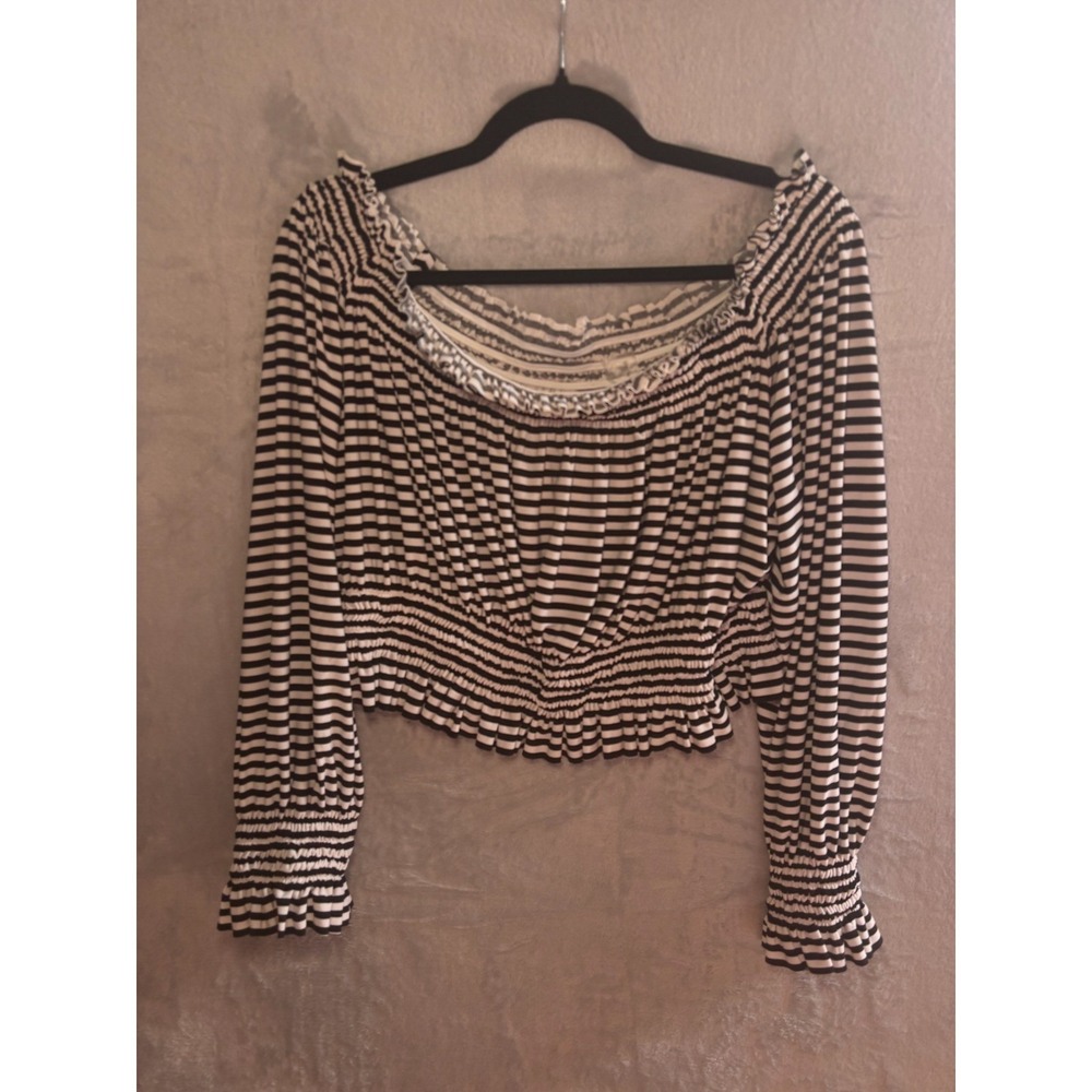 Black White Striped Off The Shoulder Smocked Crop Top Long Sleeve Blouse